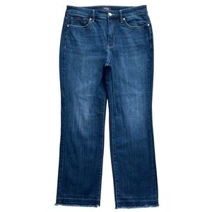 NYDJ Marilyn Straight Jeans Size 10 Lift Tuck Dark Wash Stretch Denim Raw Hem
